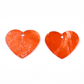 Spray Painted Capiz Shell Pendants, Heart, Orange Red, 21.5~22x25x1mm, Hole: 1.5mm