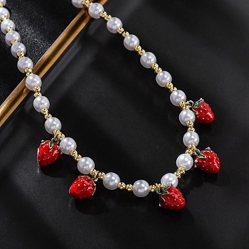 Brass Micro Pave Clear Cubic Zirconia Beaded Necklaces, with ABS Imitation Pearl Beads and Enamel, Cadmium Free & Lead Free, Long-Lasting Plated, Rack Plating, Cherry, 16.77 inch(42.6cm)