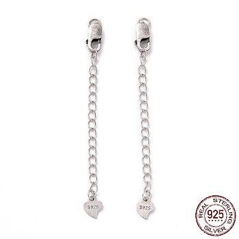 925 Sterling Silver Chain Extenders, with Lobster Claw Clasps & Charms, Heart, Antique Silver, 62x2.5mm, Hole: 2.4mm