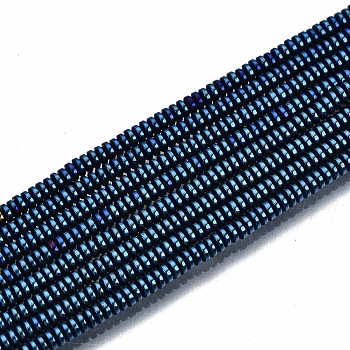 Electroplate Non-magnetic Synthetic Hematite Beads Strands, Flat Round/Disc, Royal Blue, 2x1mm, Hole: 0.8mm, about 450~456pcs/strand, 15.75 inch~15.94 inch(40cm~40.5cm)