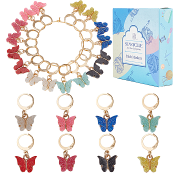 16Pcs 8 Colors Alloy Enamel Butterfly Charm Locking Stitch Markers, Gold Tone 304 Stainless Steel Clasp Stitch Markers, Mixed Color, 2.8cm, 2pcs/color