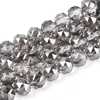 Electroplate Transparent Glass Round Beads Strands, Faceted, Dark Gray, 7.5~8.5x7~7.5mm, Hole: 1.2~1.6mm, about 25~26pcs/strand, 6.89~7.48''(17.5~19cm)