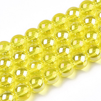 Electroplate Transparent Glass Beads Strands, AB Color Plated, Round, Yellow, 8~8.5mm, Hole: 1.5mm, about 51~53pcs/strand, 14.96 inch~15.55 inch(38~39.7cm)