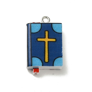 Opaque Resin Rectangle Pendants, Cross Bible with Platinum Plated Iron Loops, Blue, 25.5x15x5mm, Hole: 1.5mm