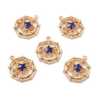 Faceted Glass Pendants, with Light Gold Plated Alloy Findings, Flat Round with Star, Blue, 29.5x26x5mm, Hole: 1.6mm
