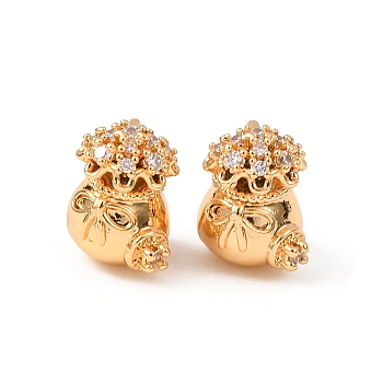Brass Micro Pave Clear Cubic Zirconia Beads, Lucky Bag, Real 16K Gold Plated, 10x8.5x7mm, Hole: 2mm