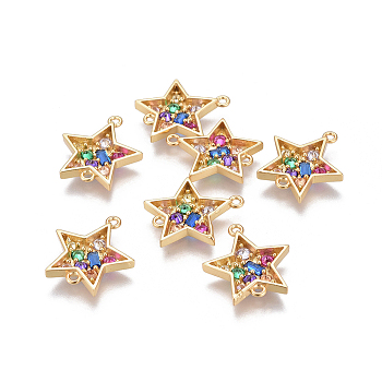 Brass Micro Pave Cubic Zirconia Links, Star, Colorful, Golden, 17.5x16.5x2.5mm, Hole: 1.2mm