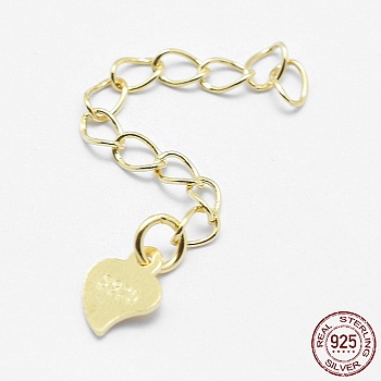 925 Sterling Silver Extender Chains, with Heart Charms, Real 18K Gold Plated, 39~41mm, Heart: 7x5x0.5mm