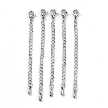 304 Stainless Steel Chain Extender, with Lobster Claw Clasps and Bead Tips, Stainless Steel Color, 68.5mm, Link: 4x2.8x0.5mm, Clasp: 9.3x6x3mm