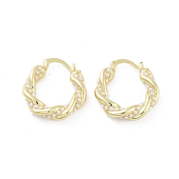 Brass Hoop Earrings, with Plastic Pearl, Long-Lasting Plated, Lead Free & Cadmium Free, Real 18K Gold Plated, 26x24x5mm, Pin: 1~2mm