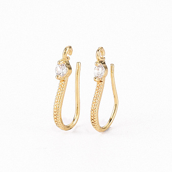 Brass Micro Pave Clear Cubic Zirconia Earring Hooks, with Horizontal Loop, Real 18K Gold Plated, 17x2.5mm, Hole: 1.2mm, Pin: 0.7mm
