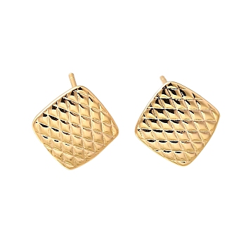 Brass Stud Earrings, Rhombus, Real 18K Gold Plated, 13.5x13.5mm, Hole: 1.6mm, Pin: 1x10mm