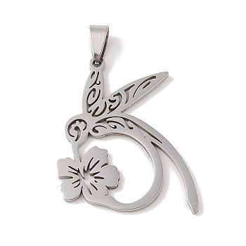 Non-Tarnish 201 Stainless Steel Pendants, Bird with Flower Charm, Stainless Steel Color, 43x31.5x1.5mm, Hole: 4x7mm