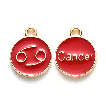 Alloy Enamel Pendants, Cadmium Free & Lead Free, Flat Round with Constellation, Light Gold, Red, Cancer, 15x12x2mm, Hole: 1.5mm