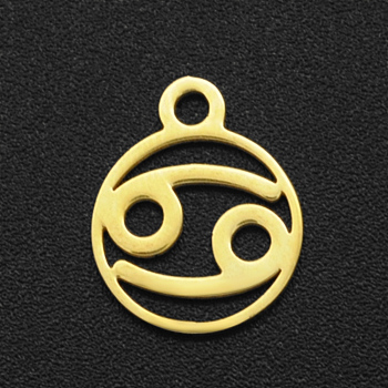 201 Stainless Steel Charms, Flat Round with Constellation, Golden, Cancer, 13.4x10.8x1mm, Hole: 1.5mm