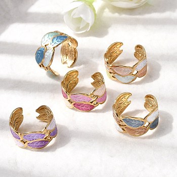 304 Stainless Steel Enamel Open Cuff Rings, Wide Band Rings for Women, Golden, Leaf, Adjustable; 11mm