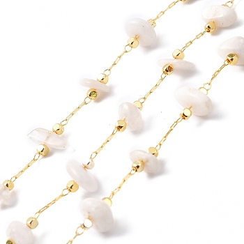Handmade Beaded Chain, with Brass Cable Chain & Chip Natural White Moonstone Link Chain, Long-Lasting Plated, Soldered, Golden, 3~8x3~16mm, 32.80Feet/roll(10m/roll)