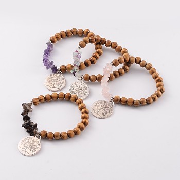Round Wood Beaded Stretch Bracelets, with Mixed Stone Chips Beads and Tree of Life Alloy Pendants, Antique Silver, 60mm