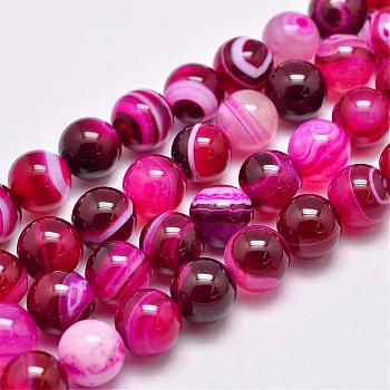 Natural Striped Agate/Banded Agate Bead Strands, Dyed & Heated, Round, Grade A, Deep Pink, 10mm, Hole: 1mm, about 39pcs/strand, 15.2 inch(387mm)