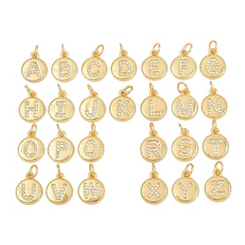 Brass Micro Pave Clear Cubic Zirconia Charms, Flat Round with Letter A~Z Charms, Long-Lasting Plated, Lead Free & Cadmium Free, Rack Plating, Real 18K Gold Plated, 12.5x10x1.5mm, Hole: 3mm