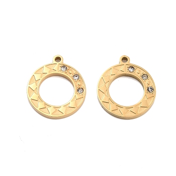 Ion Plating(IP) 304 Stainless Steel Rhinestone Pendants, Round Ring Charm, Golden, 17x15x1.5mm, Hole: 1.4mm