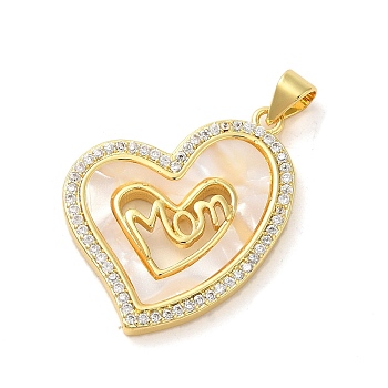 Mother's Day Brass Micro Pave Clear Cubic Zirconia Pendants, Real 16K Gold Plated, with Shell, Heart, 26x24.5x2.5mm, Hole: 4x3.5mm