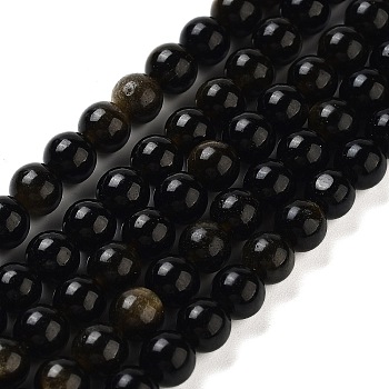 Natural Golden Sheen Obsidian Beads Strands, Round, 6mm, Hole: 1mm, about 62pcs/strand, 16 inch