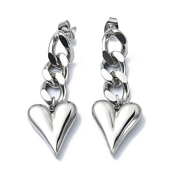 304 Stainless Steel Heart Dangle Stud Earrings, Curb Chains Drop Earrings, Stainless Steel Color, 45x16mm