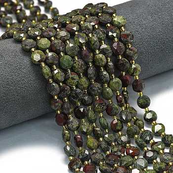 Natural Dragon Blood Beads Strands, Faceted Hexagonal Cut Coin Beads, Flat Round, with Seed Beads, 8~8.5x5mm, Hole: 0.8mm, about 36pcs/strand, 15.16''(38.5cm)