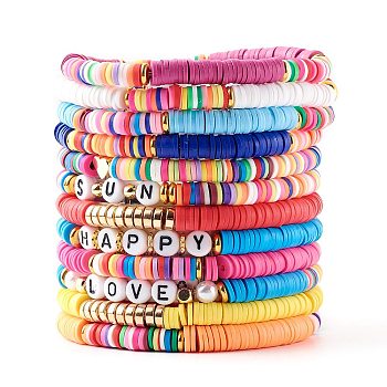 Handmade Polymer Clay Heishi Beads Stretch Bracelets Sets, Stackable Bracelets, Word Sun/Happy/Love, Golden, Mixed Color, Inner Diameter: 2~2-1/8 inch(5~5.5m), 12pcs/set
