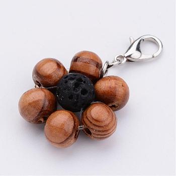 Wood Bead Pendants, Flower, with Natural Lava Rock Beads, Alloy Lobster Clasps, Platinum, 38mm, Hole: 4mm