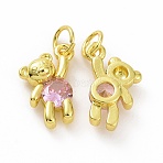 Brass Micro Pave Clear Cubic Zirconia Charms, Cadmium Free & Lead Free, with Jump Rings, Bear, Pearl Pink, 14x11x4mm, Hole: 4mm(ZIRC-F135-25G-02)
