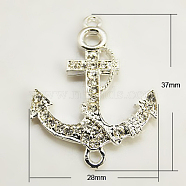 Alloy Rhinestone Links connectors, Cadmium Free & Lead Free, Grade A, Anchor, Silver Metal Color, Crystal, 37x28x4mm, Hole: 2mm(RB-B061-A01S)