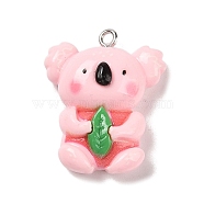 Cute Animal Opaque Resin Pendants, Koala with Leaf Charms with Platinum Plated Iron Loops, Pink, 28x23x10.5mm, Hole: 2mm(FIND-B035-01)