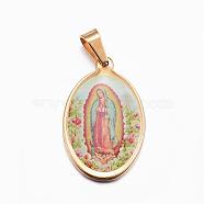 304 Stainless Steel Lady of Guadalupe Pendants, Flat Oval, with Virgin Mary, Golden, 27x17x3mm, Hole: 6x4mm(STAS-H356-32G)