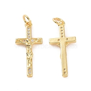 Rack Plating Brass Micro Pave Cubic Zirconia Pendants, with Jump Ring, Long-Lasting Plated,  Cadmium Free & Lead Free, Religion Crucifix Cross Charm, Real 18K Gold Plated, 24x11x3mm, Hole: 3mm(KK-C008-37G)