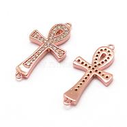 Brass Micro Pave Grade AAA Cubic Zirconia Links, Cadmium Free & Nickel Free & Lead Free, Ankh Cross, Real Rose Gold Plated, 24.5x13x3mm, Hole: 1mm(ZIRC-G100-21RG-NR)