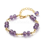 Glass Rondelle & Brass Beaded Bracelet for Women, Purple, 6-1/2 inch(16.4cm)(BJEW-JB08605)