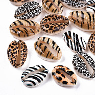 Printed Natural Cowrie Shell Beads, No Hole/Undrilled, with Animal Skin Pattern, Mixed Color, 18~22x13~14x6~8mm(X-SHEL-S266-18)