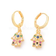 Brass Micro Pave Cubic Zirconia Dangle Hoop Earrings, Hamsa Hand/Hand of Fatima/Hand of Miriam, Colorful, Golden, 26mm, Pin: 0.9mm(EJEW-F233-10G)