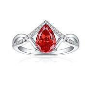 925 Sterling Silver Micro Pave Cubic Zirconia Plain Band Rings, Real Platinum Plated, Teardrop, Red, US Size 7(17.3mm)(RJEW-P103-07P-B)