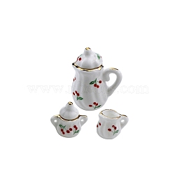 Cherry Pattern Mini Ceramic Tea Sets, including Cup, Teapot, Sugar Bowl, Miniature Ornaments, Micro Landscape Garden Dollhouse Accessories, Pretending Prop Decorations, White, 16~27x13~36mm, 3pcs/set(BOTT-PW0002-126)