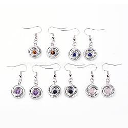 Natural Gemstone and Tibetan Style Alloy Beads Dangle Earrings, with Brass Earring Hooks and Iron Findings, Antique Silver and Platinum, 41mm, Pin: 0.6mm(EJEW-JE02455)