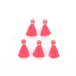 Polycotton(Polyester Cotton) Tassel Pendant Decorations, Mini Tassel, with Iron Findings and Metallic Cord, Light Gold, Hot Pink, 10~15x2~3mm, Hole: 1.5mm(X-FIND-S281-29)