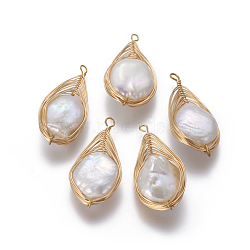 Natural Cultured Freshwater Pearl Pendants, with Brass Findings, Teardrop, Golden, 34~35x15.5~16.5x7~11mm, Hole: 1.5~2mm(PEAR-F011-32G)