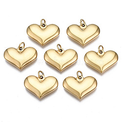 316 Surgical Stainless Steel Pendants, with Jump Rings, Heart, Real 14K Gold Plated, 14.5x19.5x3.5mm, Hole: 3mm, Jump Ring: 5x1mm, 3mm inner diameter(STAS-N097-005)