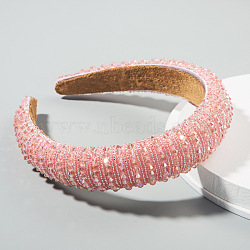 Bling Bling Glass Beaded Hairband, Wide Edge Headwear, Party Hair Accessories for Women Girls, Flamingo, 30mm(OHAR-PW0007-26G)