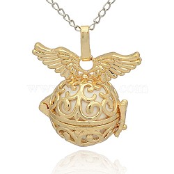 Golden Tone Brass Hollow Round Cage Pendants, with No Hole Spray Painted Brass Round Beads, White, 31x30x21mm, Hole: 3x8mm(KK-J234-05G)