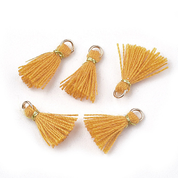 Polycotton(Polyester Cotton) Tassel Pendant Decorations, Mini Tassel, with Iron Findings and Metallic Cord, Light Gold, Orange, 10~15x2~3mm, Hole: 1.5mm