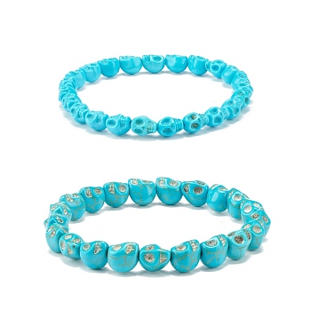 2Pcs 2 Style Synthetic Turquoise(Dyed) Skull Stretch Bracelets Set, Gemstone Halloween Jewelry for Women, Cyan, Inner Diameter: 2-1/4 inch(5.6~5.8cm), 1Pc/style